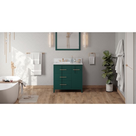 Jeffrey Alexander 36In. Forest Green Katara Vanity, Left Offset, White Carrara Mrbl Vanity Top, Undrmnt Rctngl Bowl VKITKAT36GNWCR